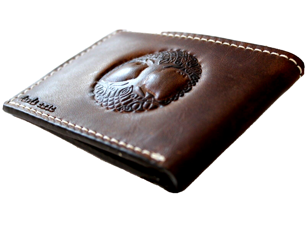 Men's brown genuine leather wallet with credit card slots and Bill Tree of Life design by DAVISCASE.