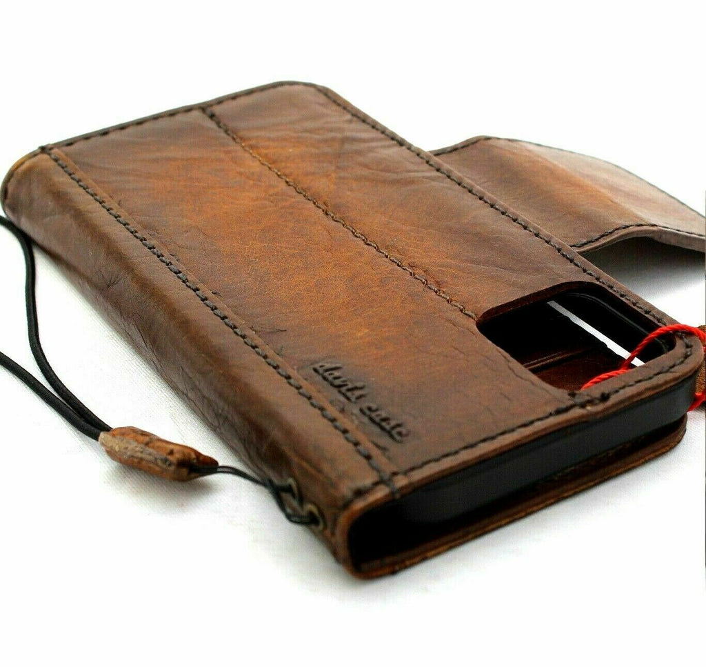 Genuine dark vintage leather iPhone 12 case by DAVISCASE with card slots, magnetic closure, soft cover, handcrafted luxury design