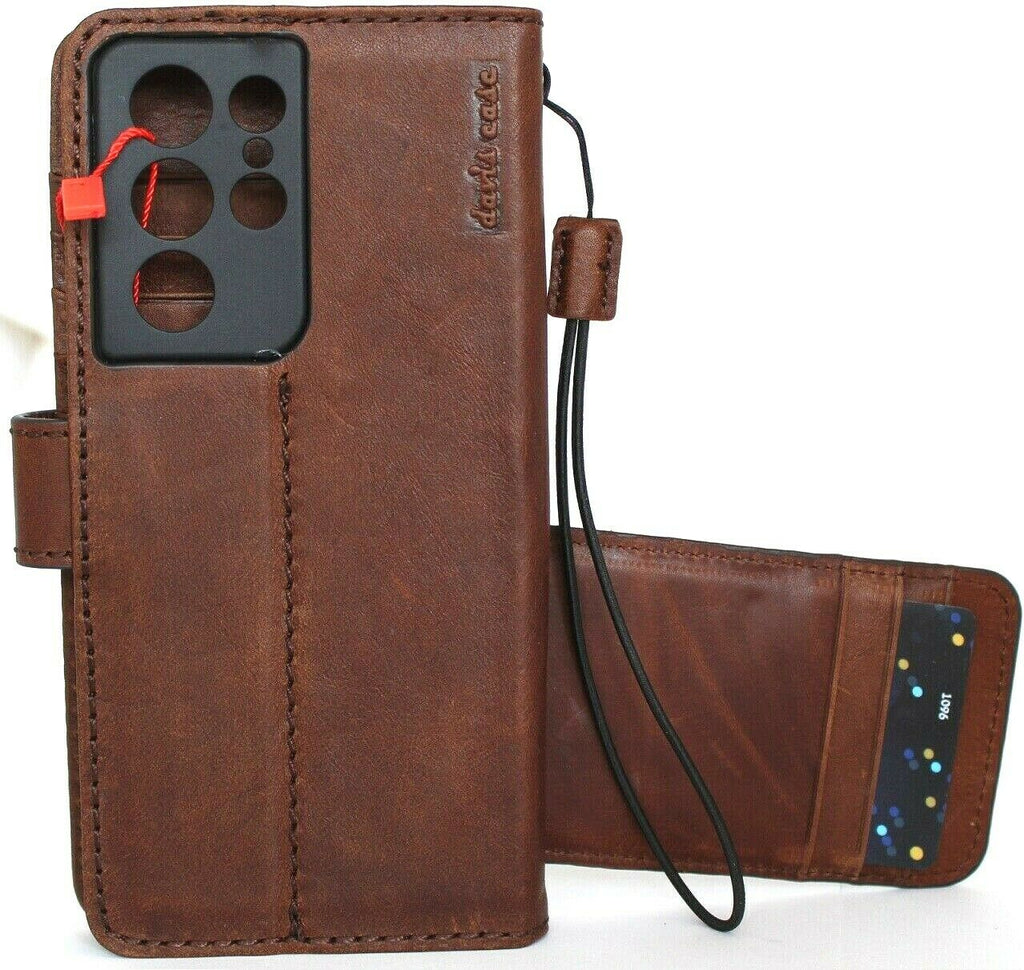 Handmade genuine leather wallet case for Samsung Galaxy S21 Ultra 5G, with rubber holder and wireless charging capability by DAVISCASE.