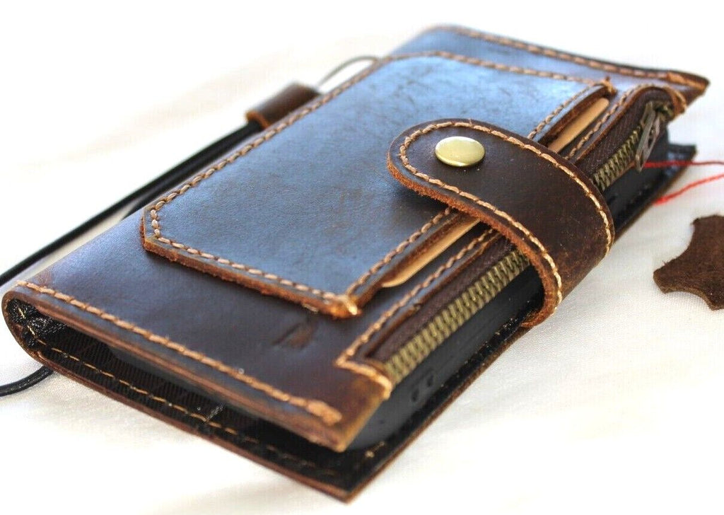 Handmade DAVISCASE genuine leather wallet case for iPhone 11 to 15 Pro Max with ID window, credit card slots, and zipper in vintage style.