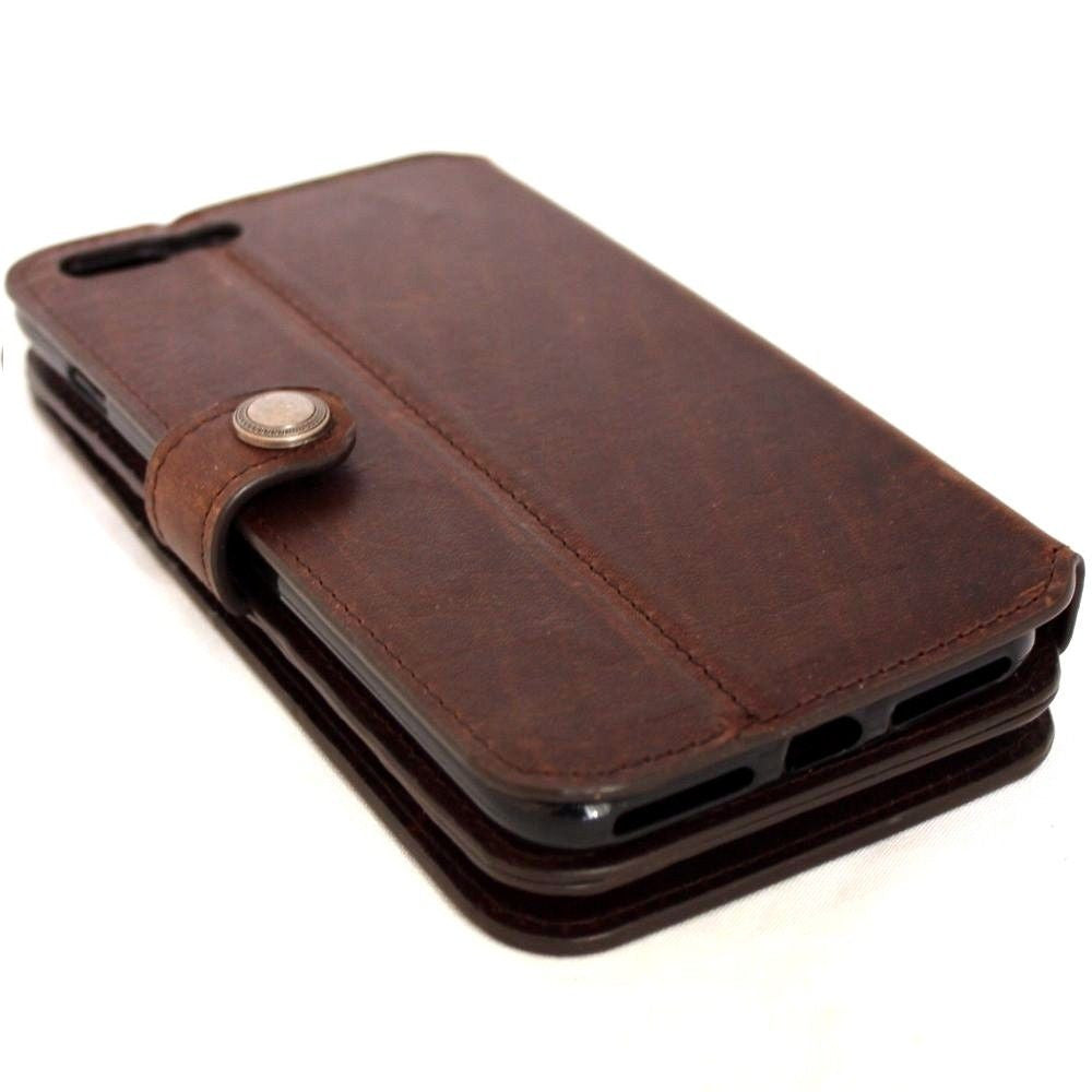 Brown genuine leather iPhone 8 case with card slots, wallet closure, RFID protection, handcrafted luxury phone cover.