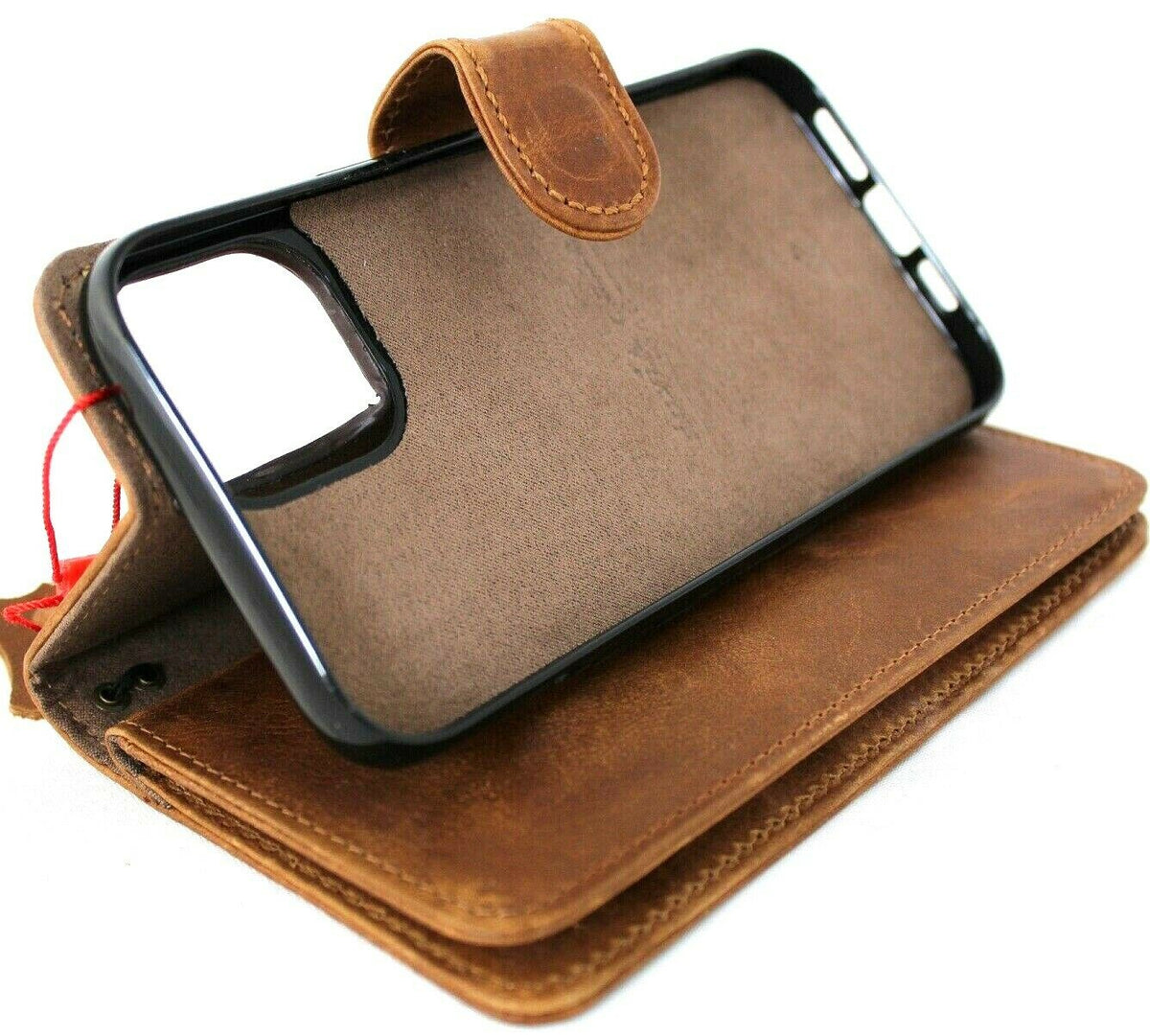 Genuine tan leather iPhone 12 wallet case by DAVISCASE with card slots, magnetic cover, vintage style, full grain leather.