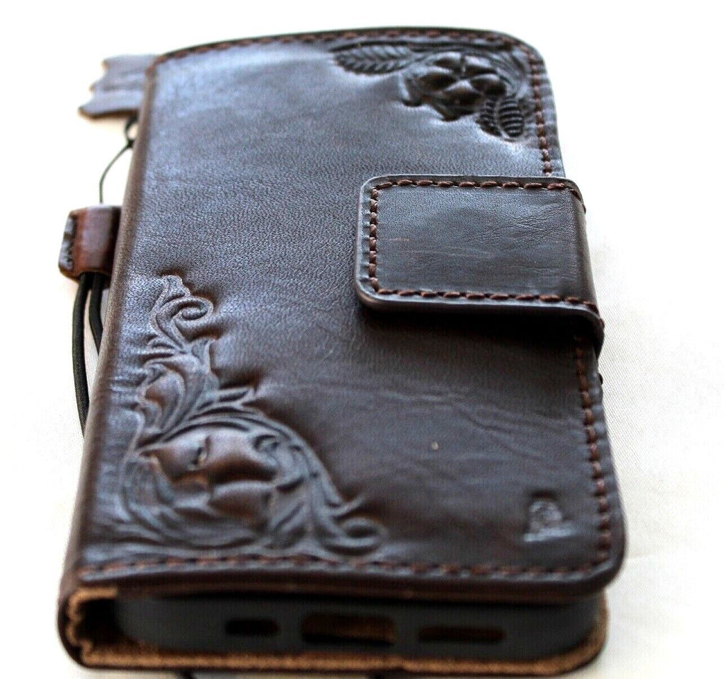 Handmade DAVISCASE genuine leather wallet phone case for iPhone 11-15 Pro Max with ID window and credit card slots, vintage style.