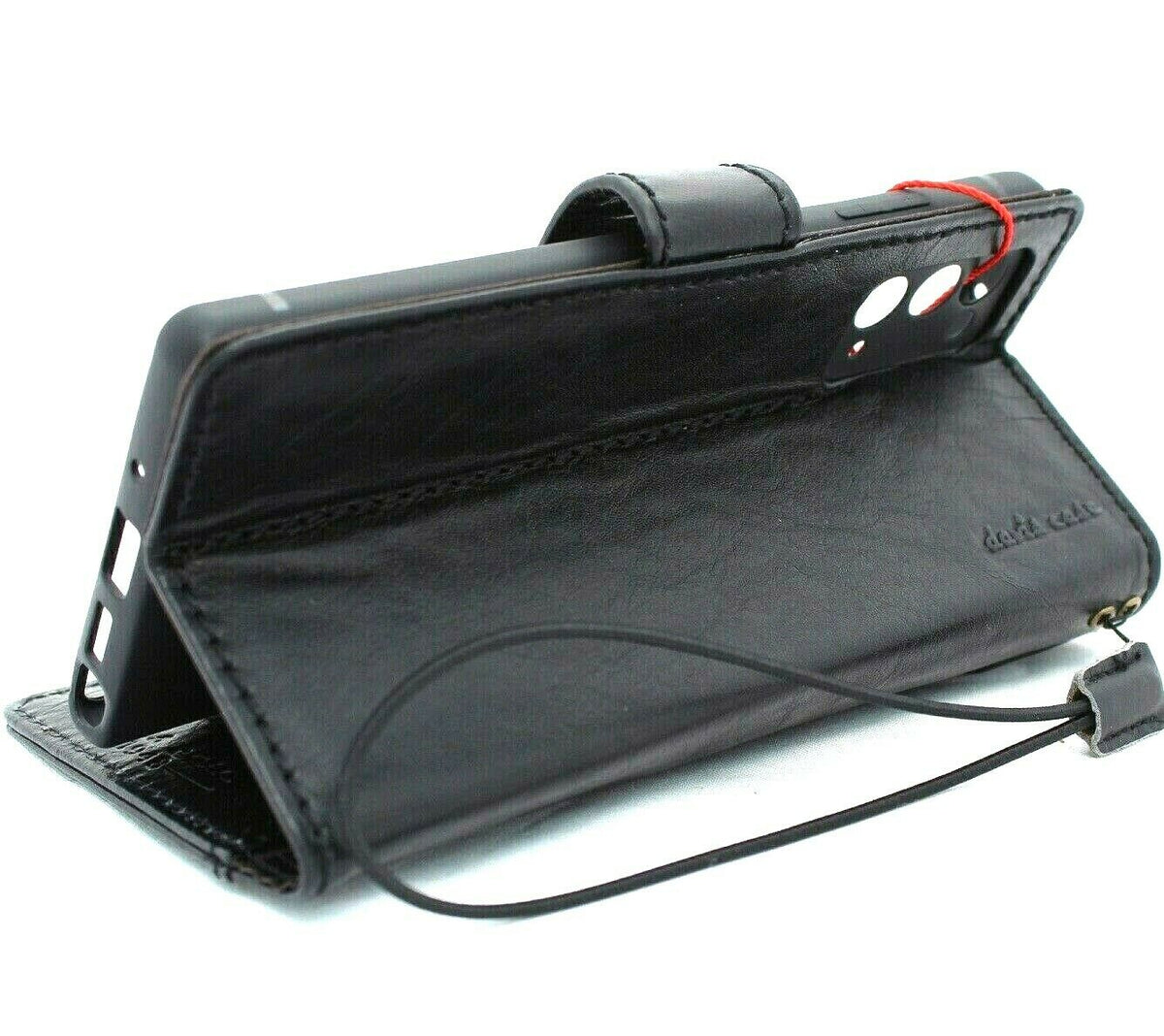 DavisCase genuine black leather wallet case for Samsung Galaxy Note 20 5G with card slots, ID window, and soft rubber interior.