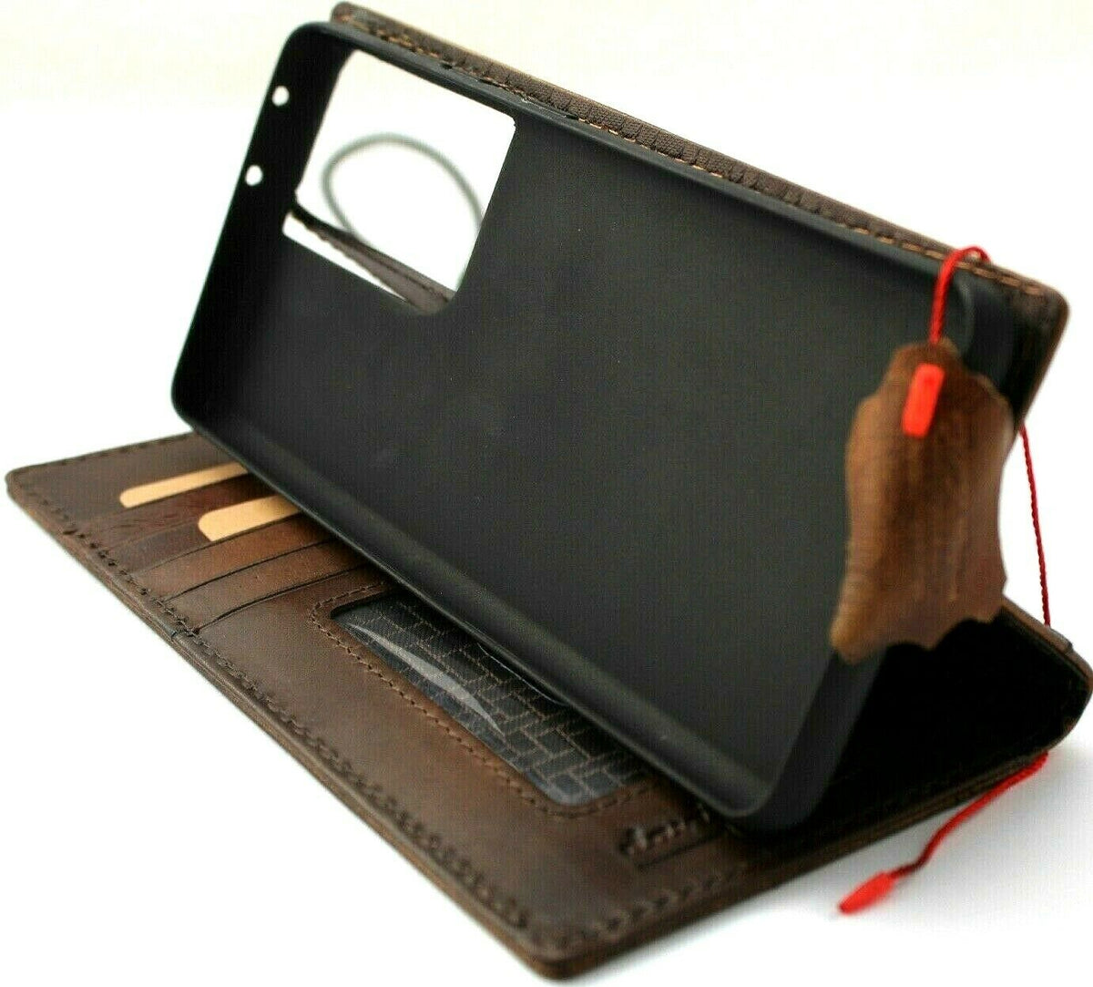 Vintage leather Galaxy S21 Ultra 5G case by DavisCase with card slots, ID window, rubber stand, and wireless charging compatibility.
