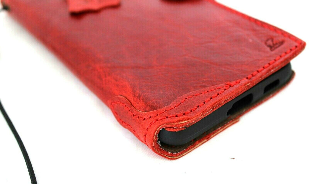 Red genuine leather Galaxy S21 Plus 5G wallet case with card holder and soft rubber interior by DAVISCASE.