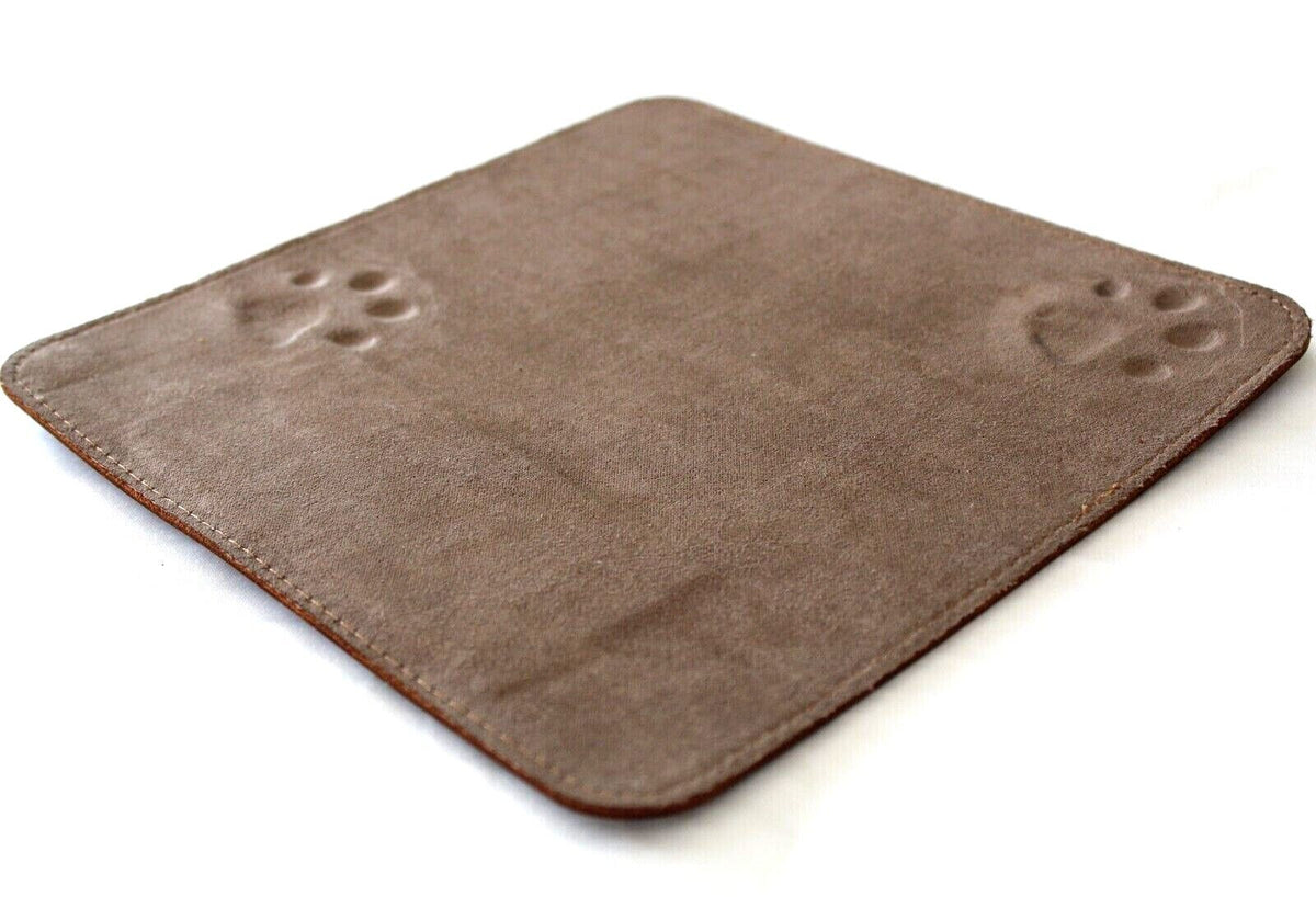 Genuine leather iPad case with vintage dog paw and cat paw embossing, handcrafted by DavisCase in retro style.