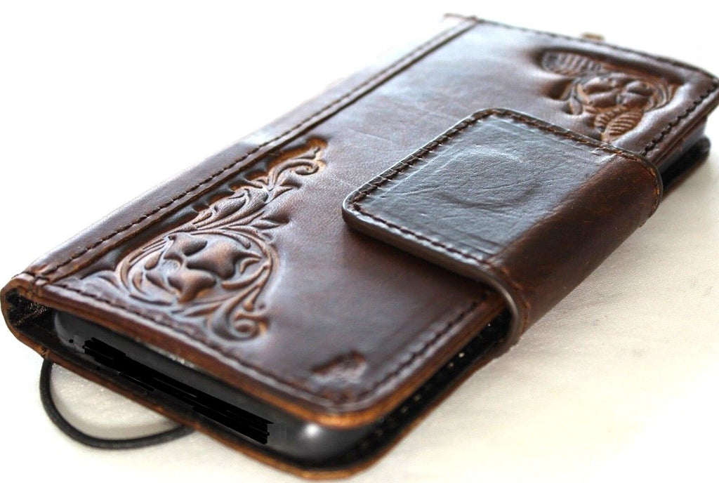Handmade genuine leather phone case for iPhone 11-15 Pro Max, vintage style with ID window, credit card slots, and full grain leather.