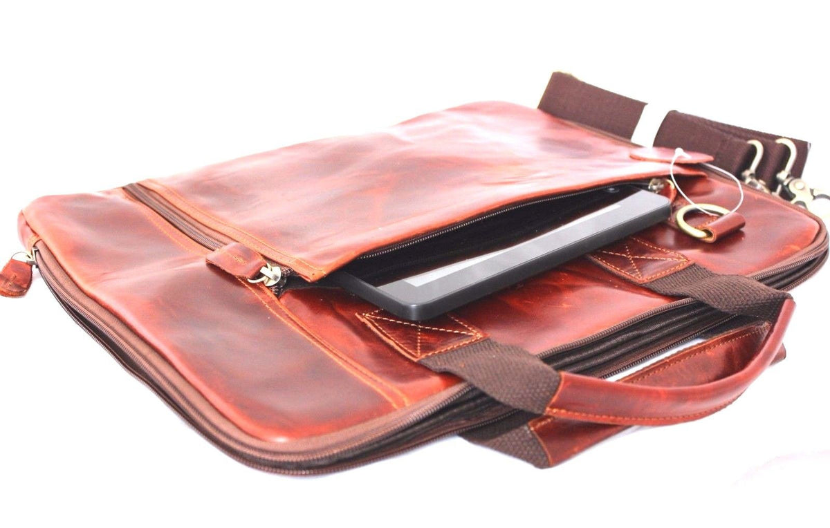 Men's brown DAVISCASE genuine leather shoulder bag with crossbody strap, designed for laptops and business use.