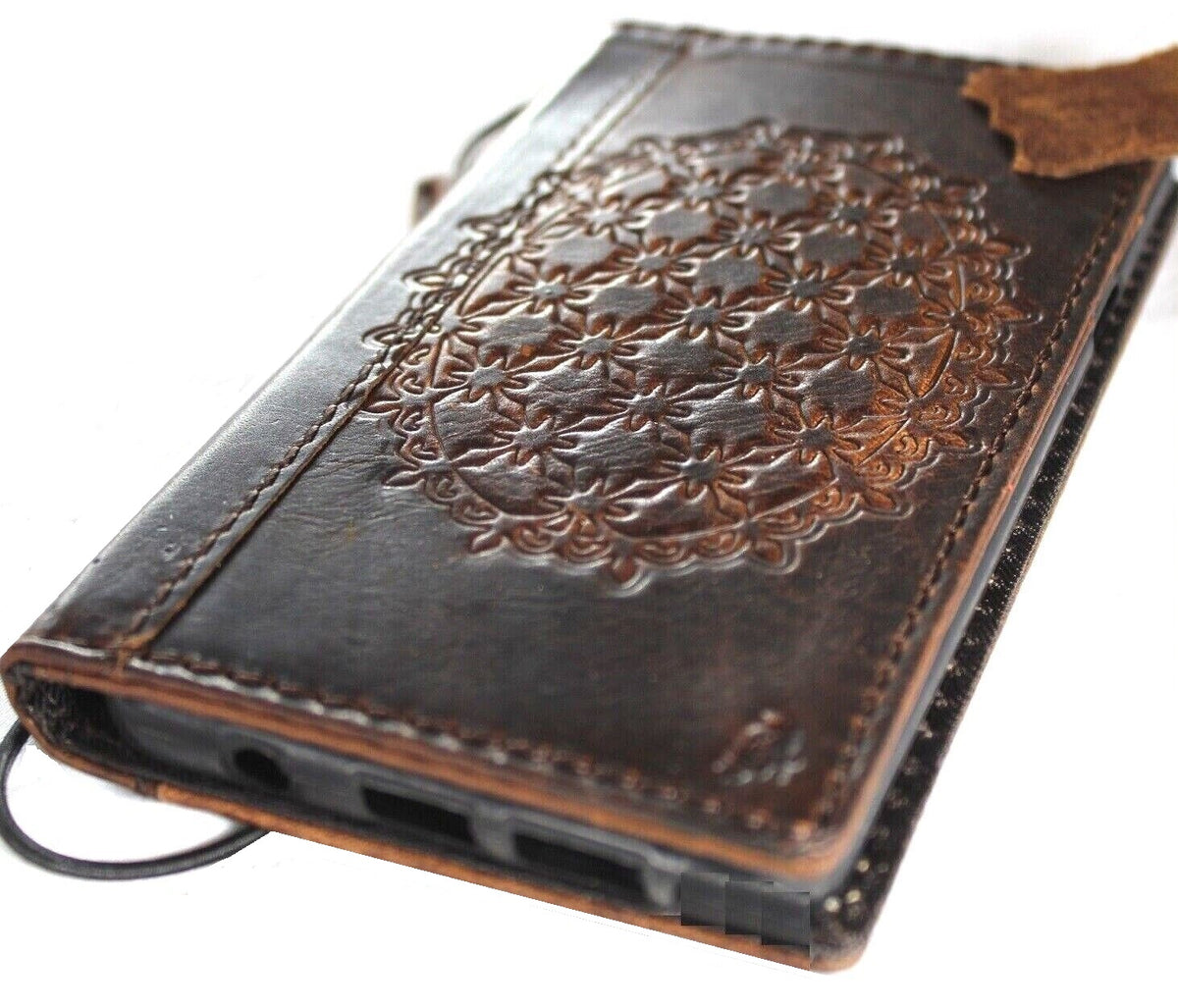 Handmade genuine leather phone case for iPhone 12-17 Pro Max, Air 8 Plus, crafted by DAVISCASE with a luxury wallet book design.