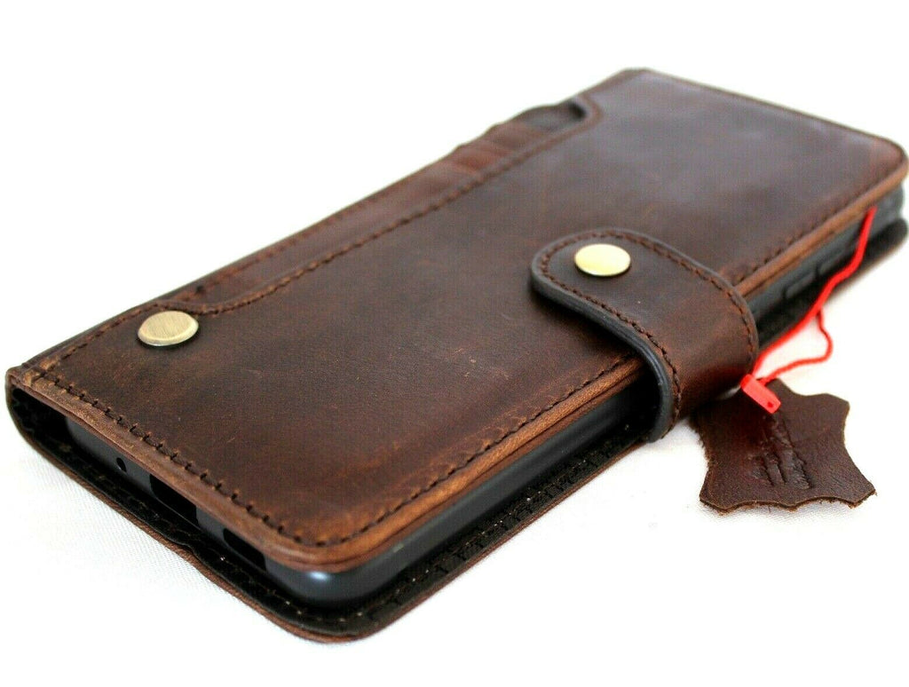 Dark brown genuine top grain leather Samsung Galaxy S20 Ultra wallet case with handmade craftsmanship and rubber holder for wireless charging.