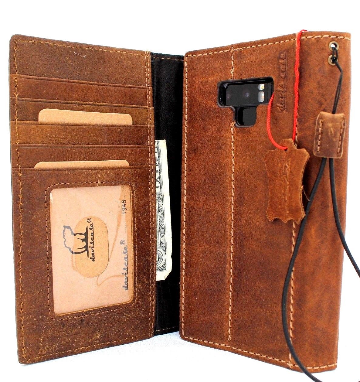 Vintage genuine leather Samsung Galaxy Note 9 wallet case with elastic strap, card slots, and Tan color from DavisCase