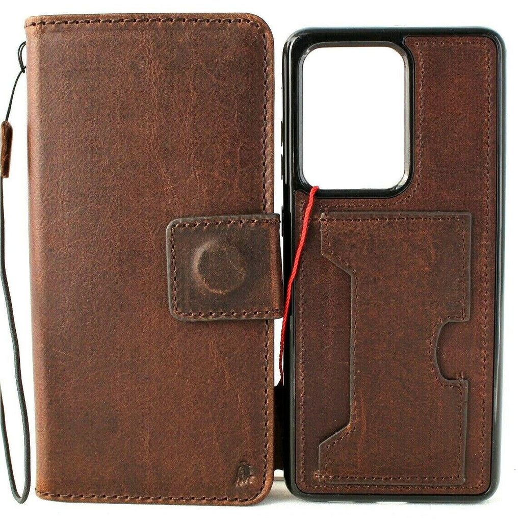 Genuine leather Samsung Galaxy S20 Ultra case by DAVISCASE with wallet slots, removable holder, soft interior, and wireless charging compatibility.