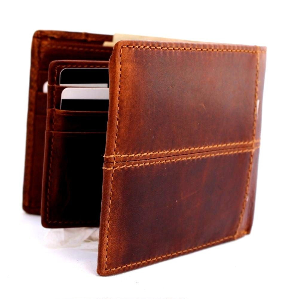 Mens tan full leather wallet by DAVISCASE with 8 credit card slots, 1 ID window, and 2 bill sections in a bi-fold design.
