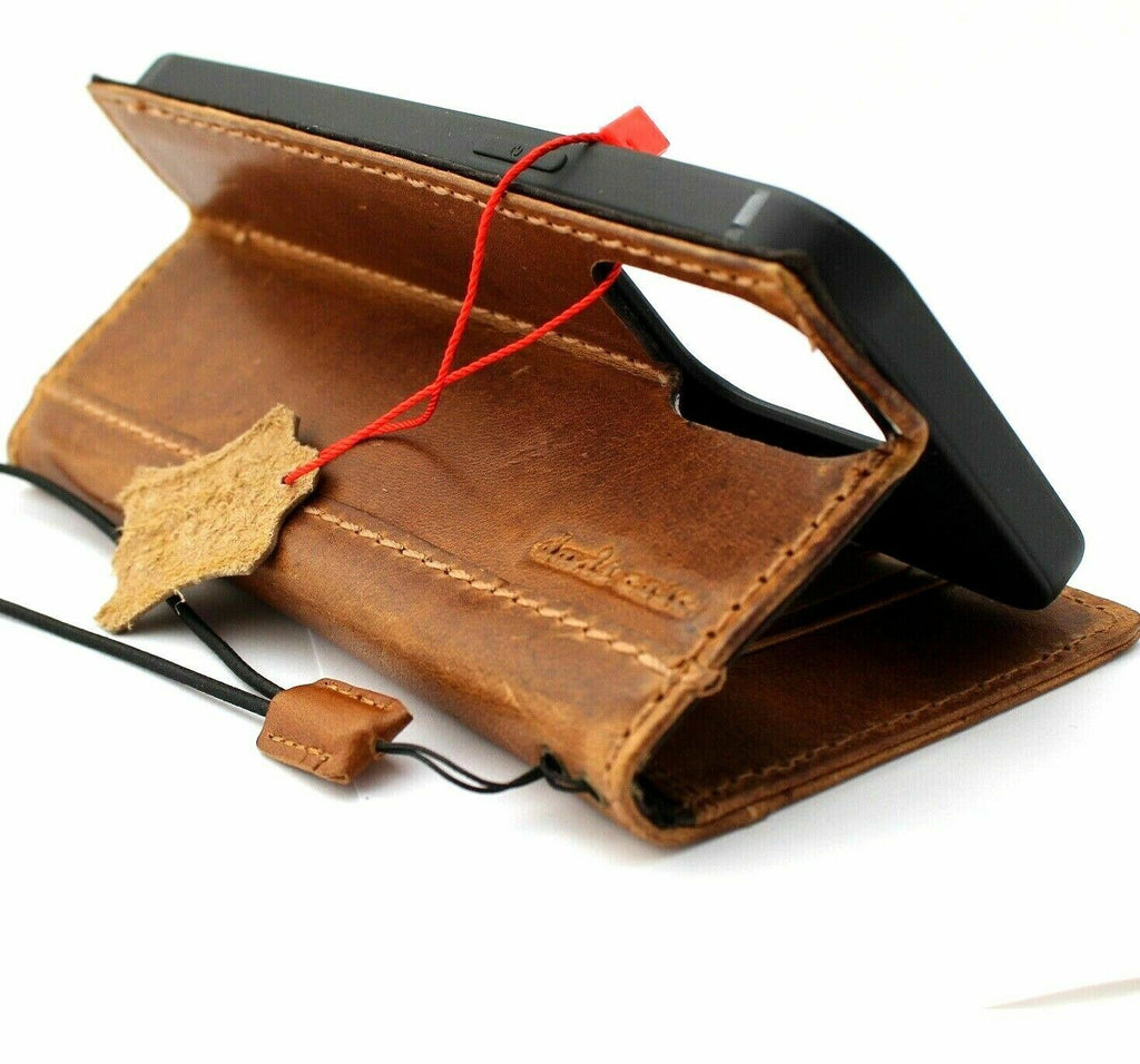 Handmade genuine leather phone case for Samsung Galaxy S22, S21, Note 10, A71, and more by DAVISCASE, featuring a wallet and dog paw design.