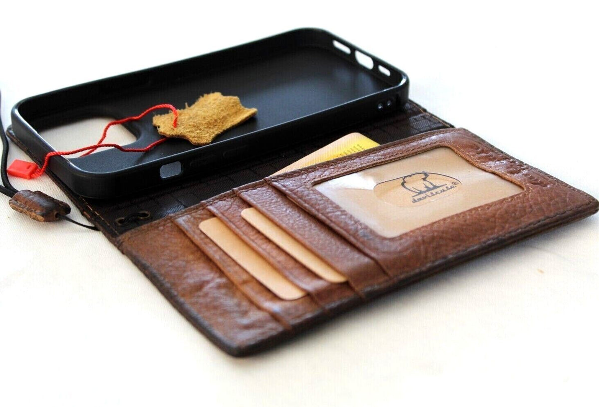 Handmade DAVISCASE genuine leather phone case for iPhone 11-16 Pro Max, vintage style with card slots and rustic craftsmanship.