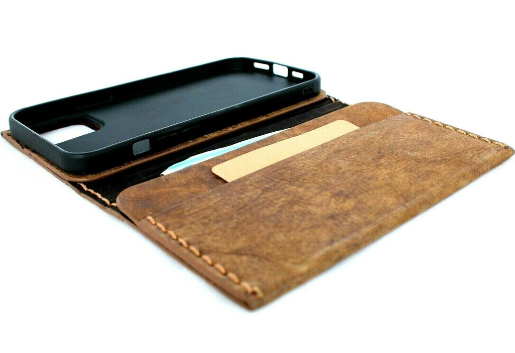 Handmade genuine soft leather wallet case for Apple iPhone 13 Pro Max by DAVISCASE, featuring vintage design and card slots.