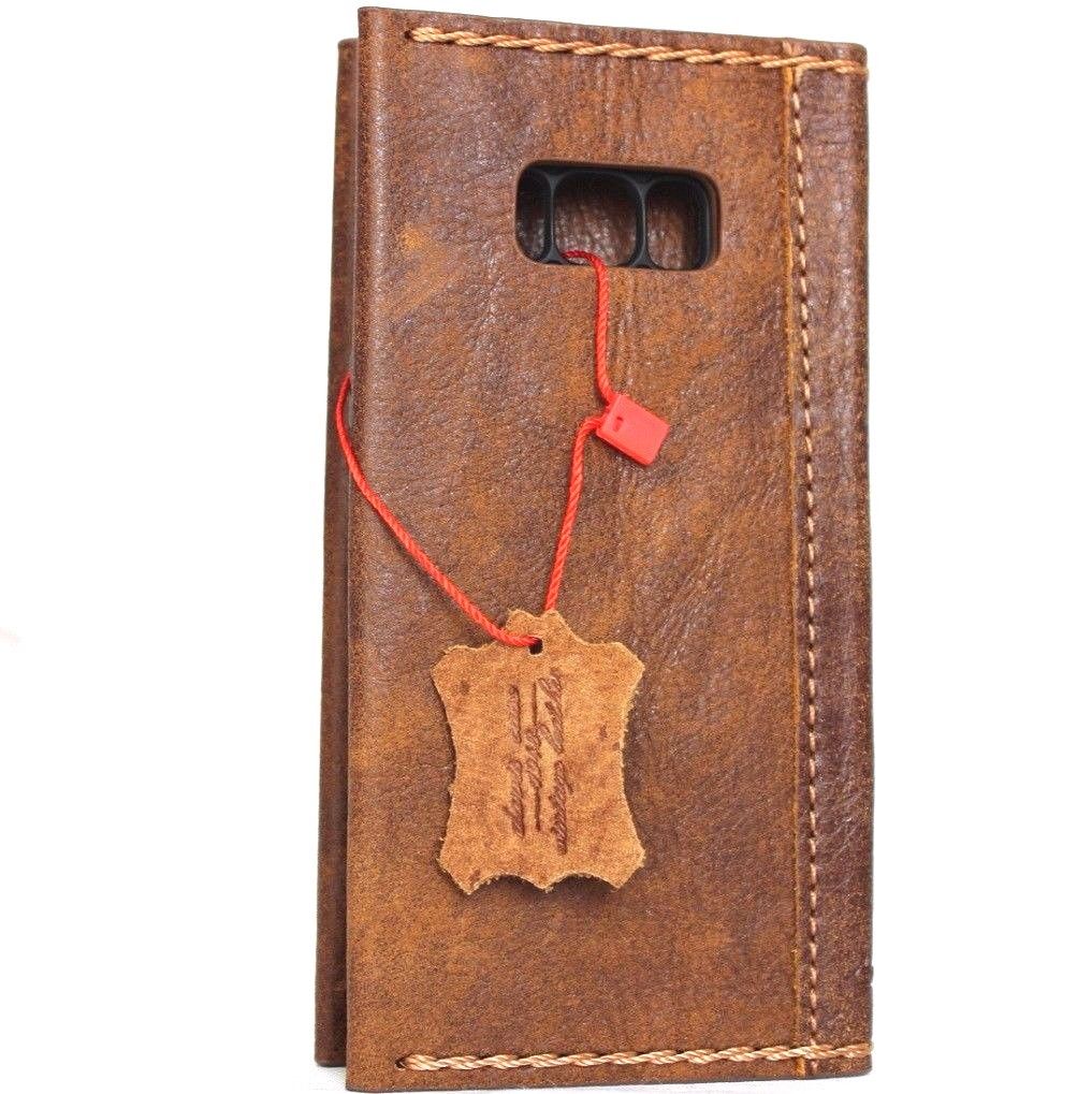 Vintage leather Samsung Galaxy S8 Plus wallet case with card slots, soft brown handmade cover featuring a book-style design.
