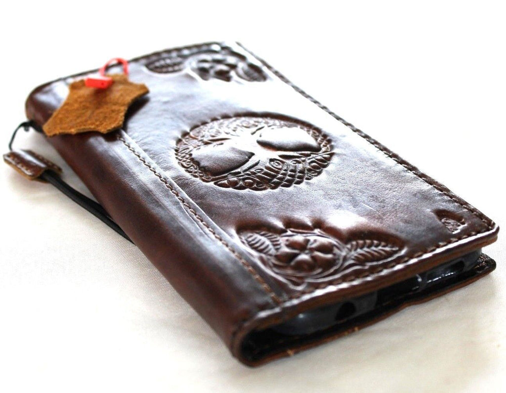 Handmade genuine leather phone case for Samsung Galaxy S22, S21, S20, Note 20, A71, A51, with vintage Tree of Life design and wallet features.