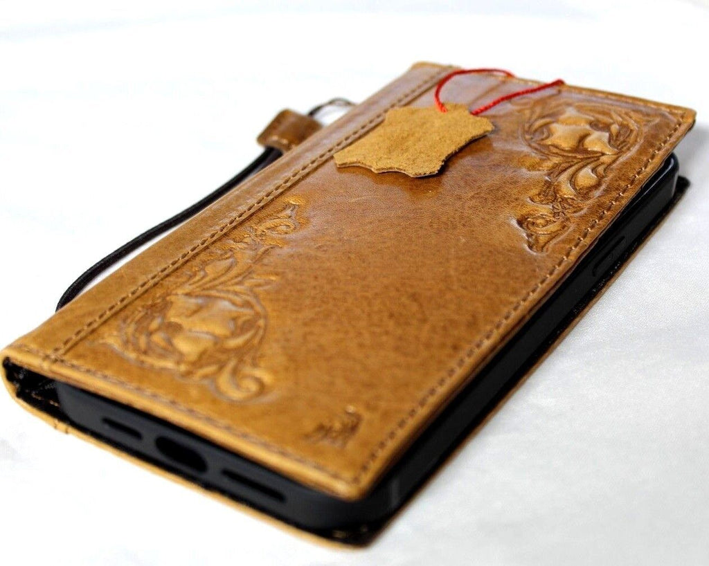 Handcrafted leather phone case for iPhone 11-15 Pro Max by DAVISCASE, vintage full-grain leather with card slots in tan color.
