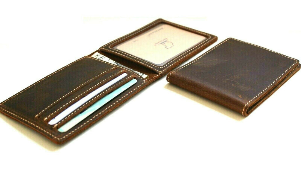 Men's genuine leather wallet by DAVISCASE with slim design, multiple credit card slots, handmade retro style, oiled finish.