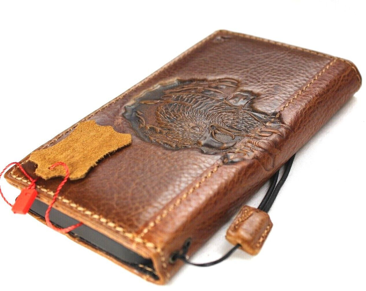 Handmade genuine leather phone case for iPhone 11-15 Pro Max, vintage tan style with credit card slots, by DAVISCASE.
