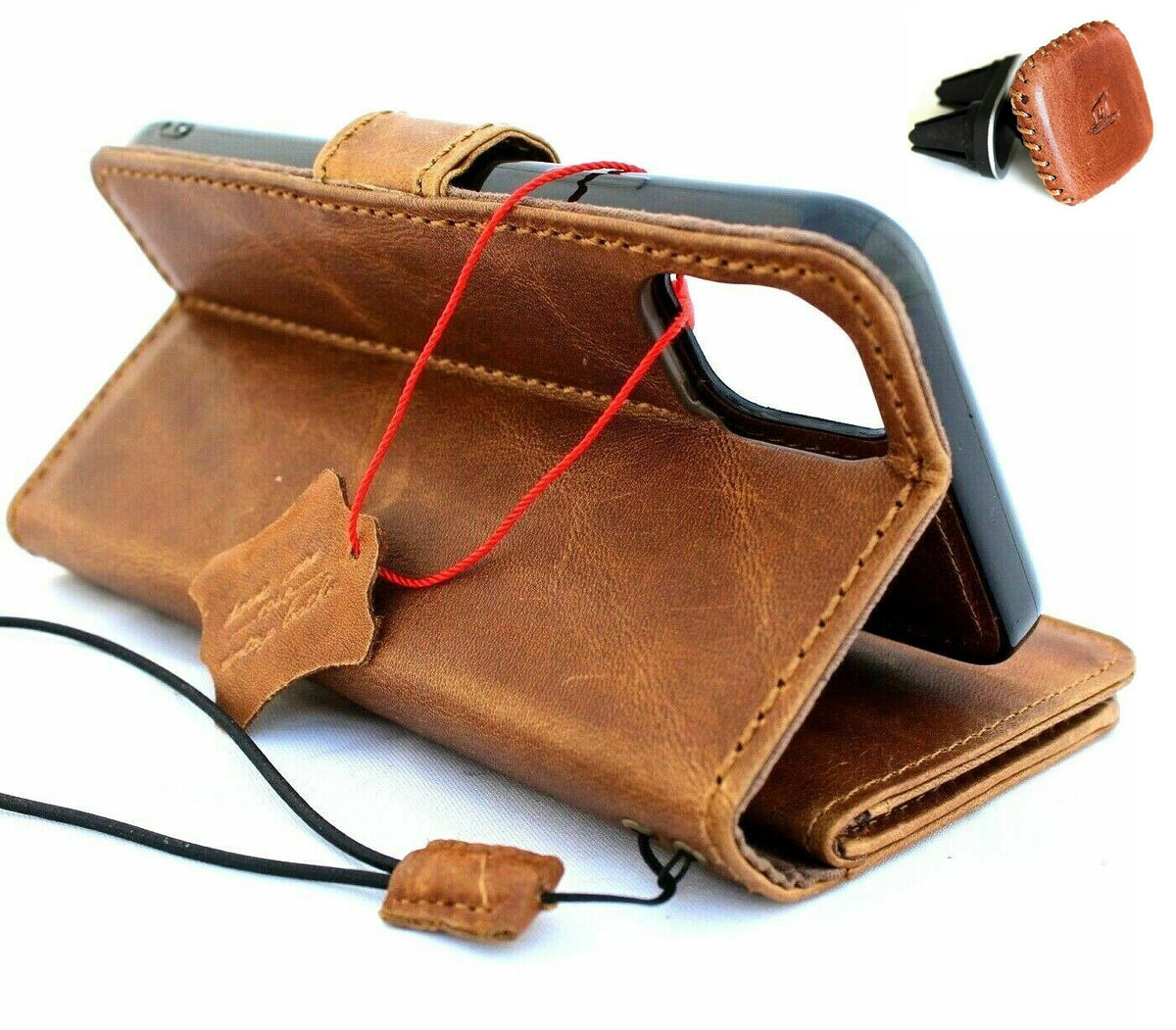 Handmade genuine leather iPhone 11 Pro Max case by DAVISCASE with wallet, credit holder, magnetic removable cover, and car holder.