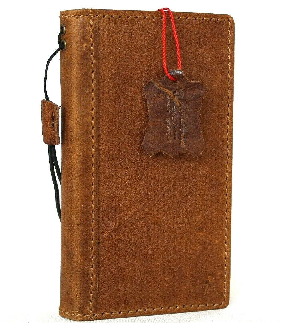 Genuine tan leather iPhone 12 Mini case with vintage book wallet design, ID window, and credit card slots by DAVISCASE.