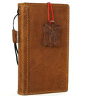 Genuine tan leather iPhone 12 Mini case with vintage book wallet design, ID window, and credit card slots by DAVISCASE.
