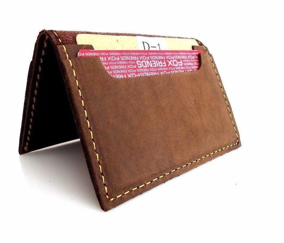 Men's natural soft leather credit card case by DAVISCASE with 4 card slots, 2 slip pockets, bi-fold slim design in classic tan.