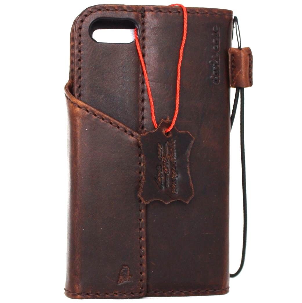 Genuine full leather iPhone 8 case with wallet design, card slots, magnetic closure, slim fit, compatible with wireless charging.