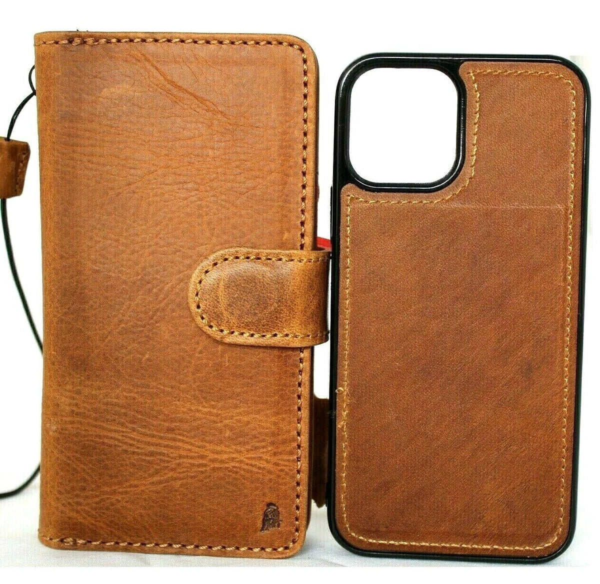 Handmade genuine leather phone case for iPhone 14-17 Pro Max, with wallet, magnetic closure, in retro tan, by DAVISCASE.