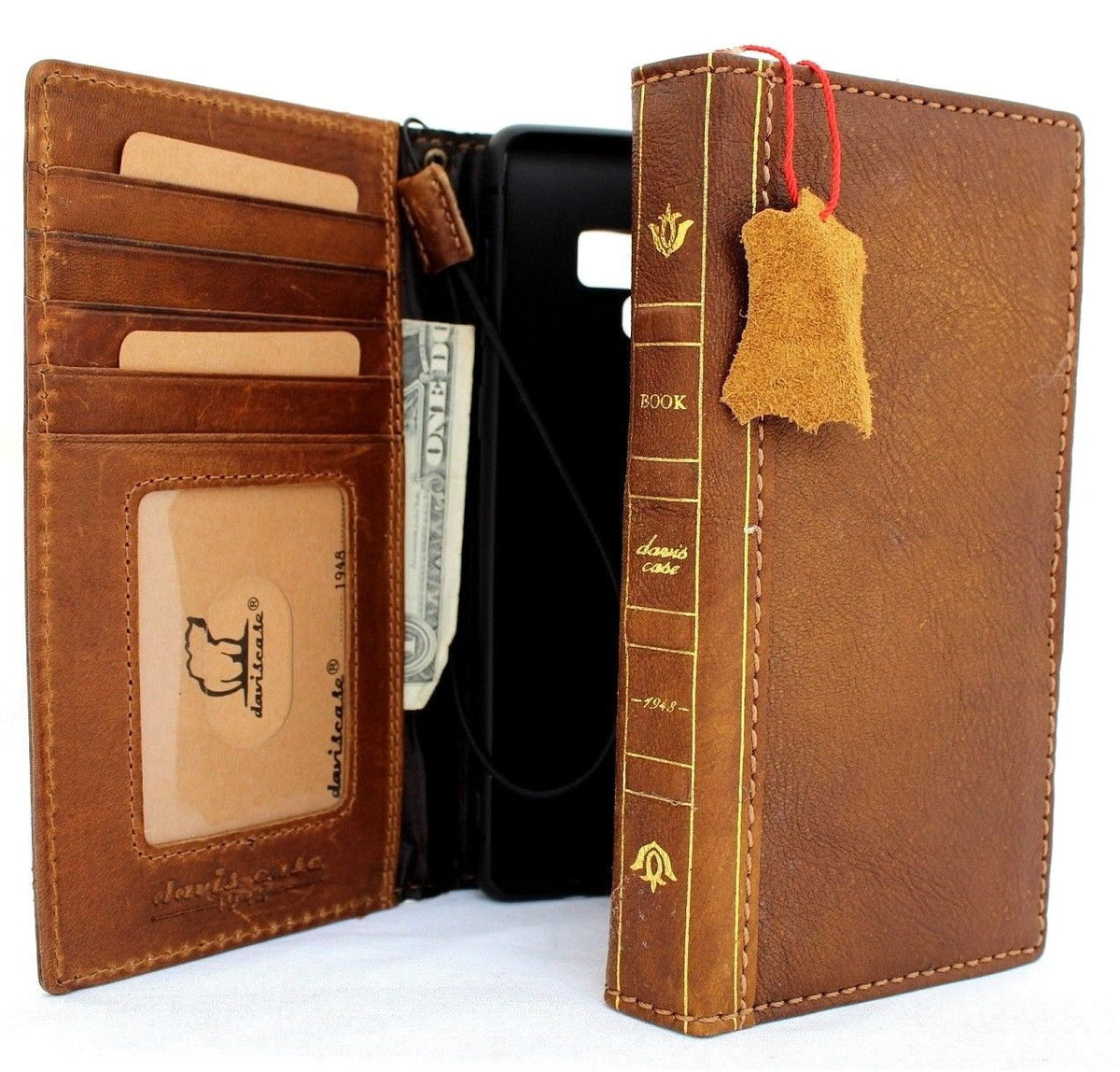 Genuine leather Samsung Galaxy Note 9 case by DAVISCASE with card slots, wallet design, vintage tan finish, slim fit, wireless charging compatible