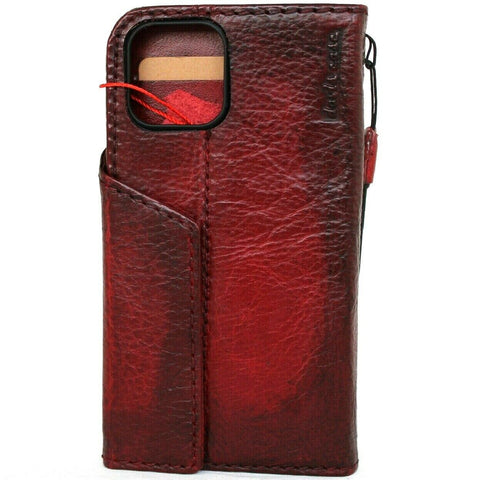 Genuine Leather Wallet Case For Apple iPhone 13 Pro Max Book Credit Cards Slots Soft Cover Top Grain Wine red DavisCase