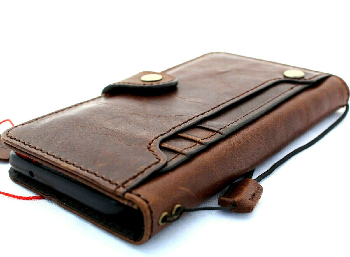 Handmade dark brown Italian leather wallet case for Samsung Galaxy S20 by DavisCase, with rubber holder and wireless charging compatibility.