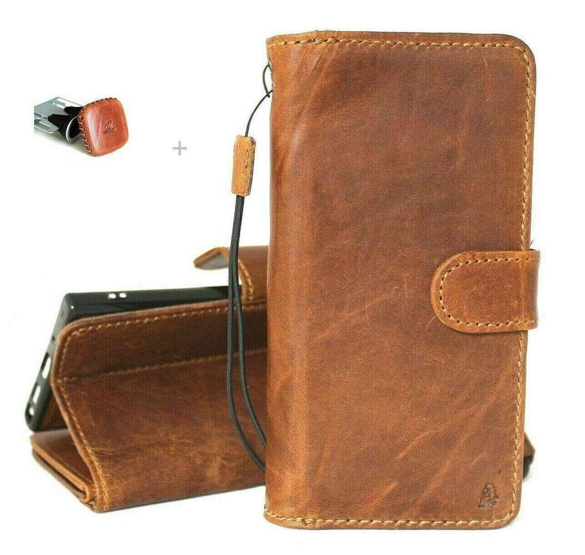 Genuine tanned leather Samsung Galaxy Note 20 5G wallet case with card window, magnetic stand, slim design, and car holder by DAVISCASE.