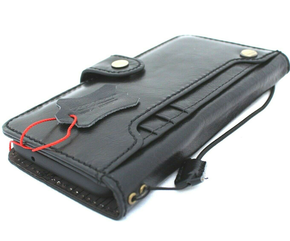 Handmade genuine black leather wallet case for Samsung Galaxy S20 with ID window, rubber holder, and wireless charging compatibility by DavisCase.