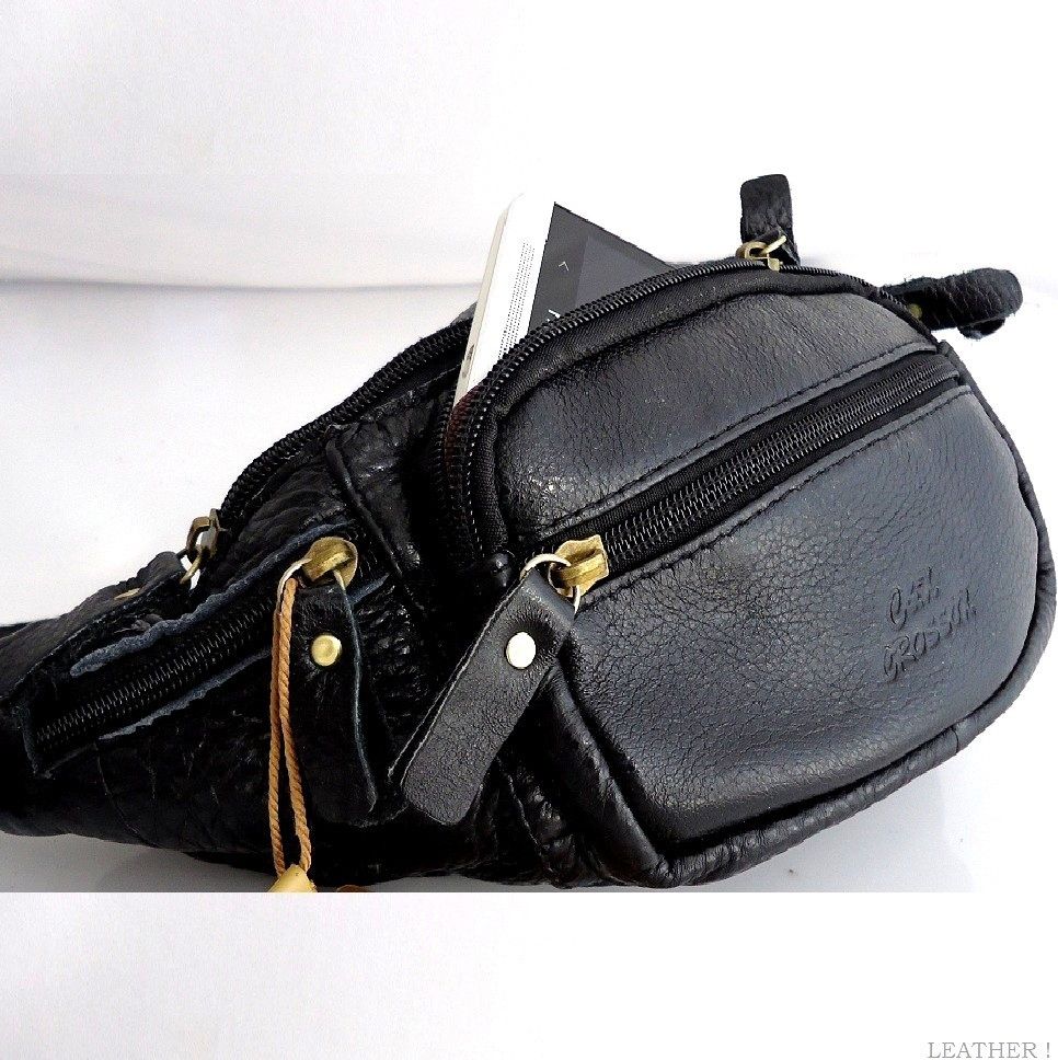 Men's vintage leather wallet bag and waist pouch by DAVISCASE, black sling backpack with coin pocket and cellphone compartment.