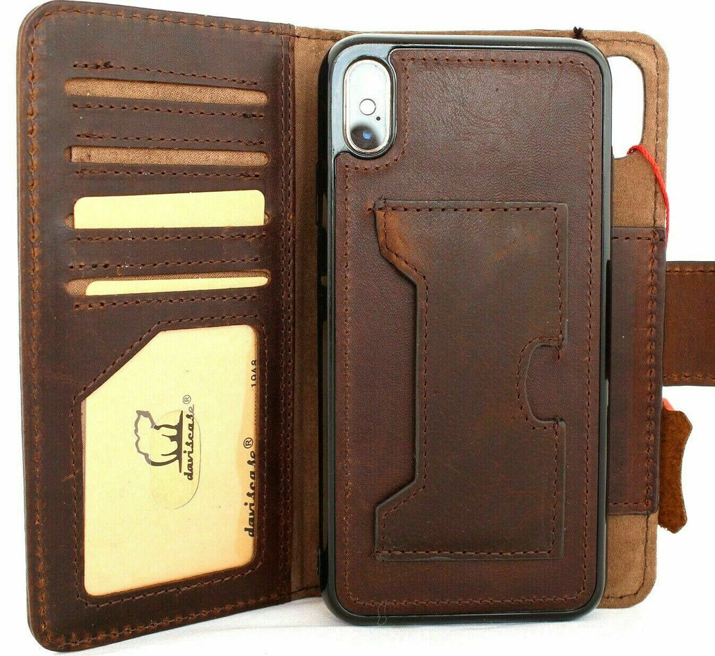 Genuine dark leather iPhone XS case by DAVISCASE with vintage wallet design, magnetic closure, removable cover, and wireless charging.