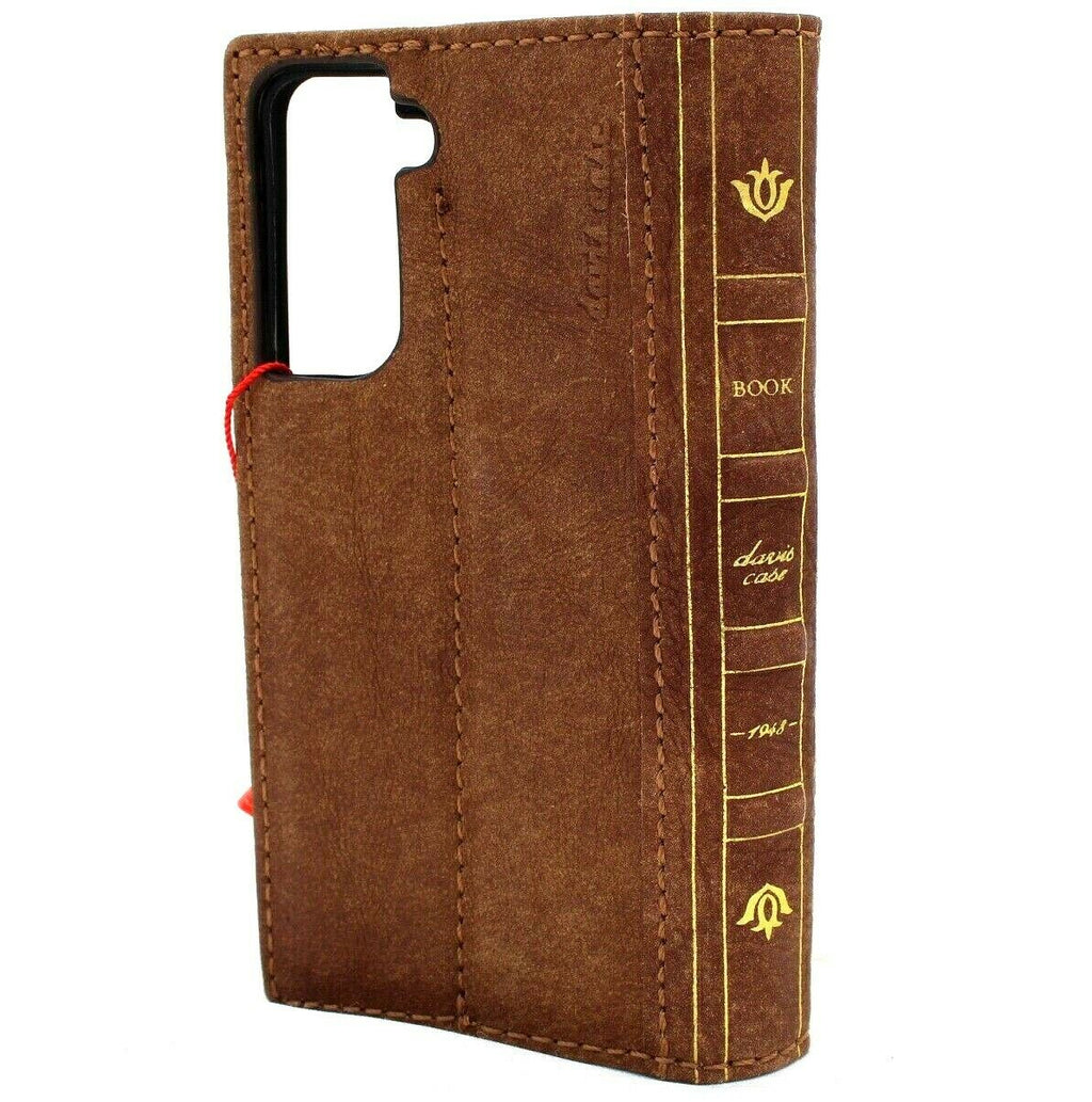 DavisCase genuine soft leather Galaxy S21 wallet cover with card slots, ID window, rubber holder, and wireless charging compatibility.
