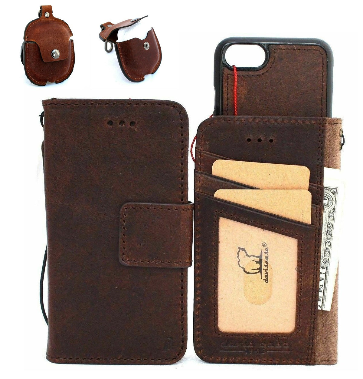 Dark leather iPhone 8 case by DAVISCASE with wallet design, card slots, magnetic cover, and removable AirPods 2 case.