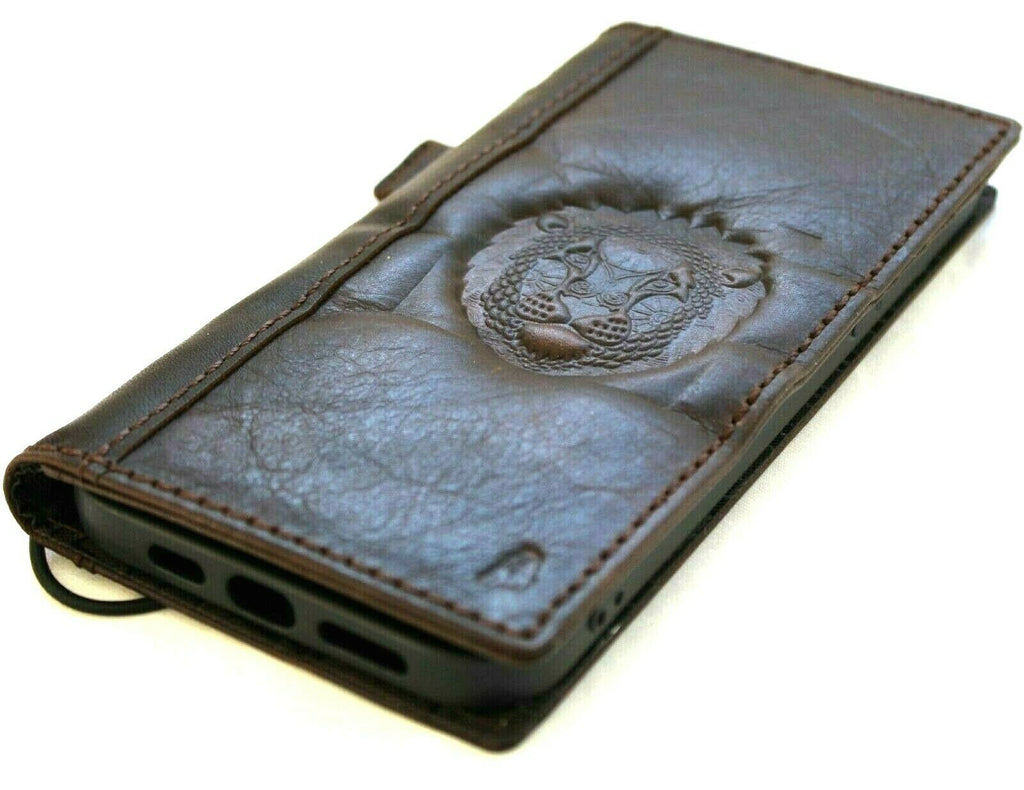 Leather wallet phone case for iPhone 11-15 Pro Max, handcrafted with vintage lion design, credit card slots, full grain leather by DAVISCASE