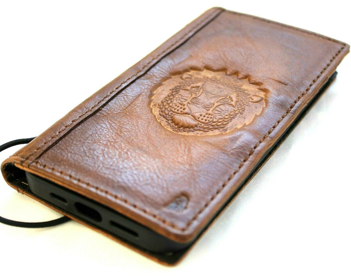 Handcrafted genuine leather phone wallet case for iPhone 11-15 Pro Max, vintage tiger stamping, credit card slots, DavisCase leather cover