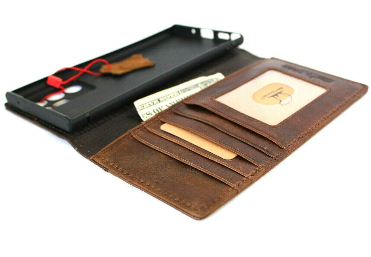 Genuine leather Samsung Galaxy Note 20 Ultra 5G wallet case with ID window, card slots, Bible design, rubber stand, and wireless charging.