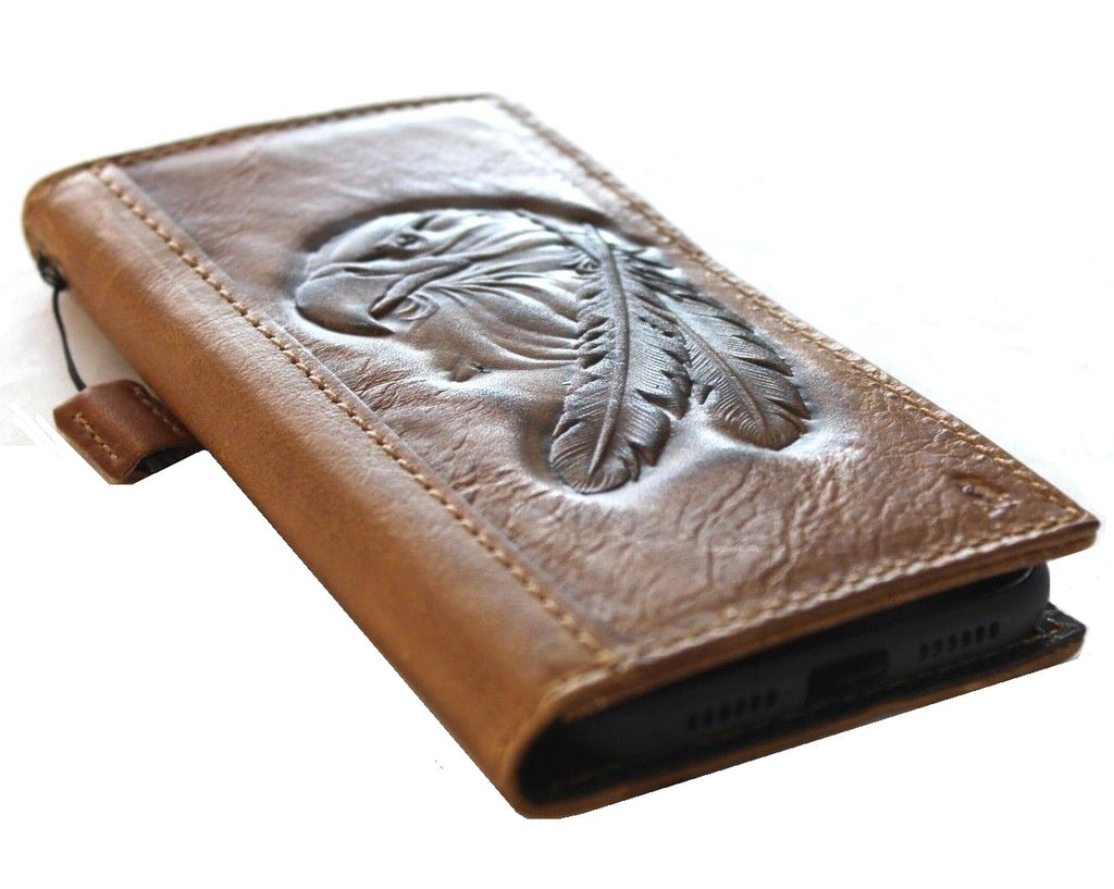 Genuine leather wallet phone case for iPhone 16, 12, 13, 14, 15 Pro Max, vintage tan with eagle stamping, handmade by DAVISCASE.
