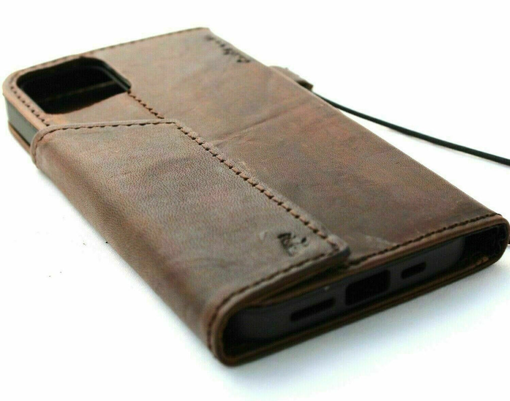 Vintage dark brown genuine leather wallet case for iPhone 11-15 Pro Max, with credit card slots, handmade by DAVISCASE.