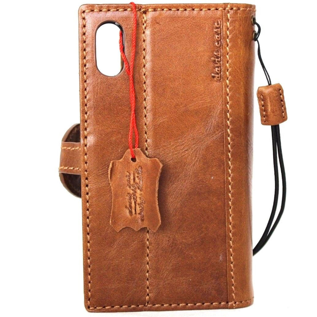 Bright brown genuine leather iPhone X wallet case with magnetic closure, card slots, slim vintage design, handmade by Daviscase D
