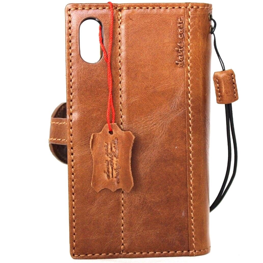 Bright brown genuine leather iPhone X wallet case with magnetic closure, card slots, slim vintage design, handmade by Daviscase D