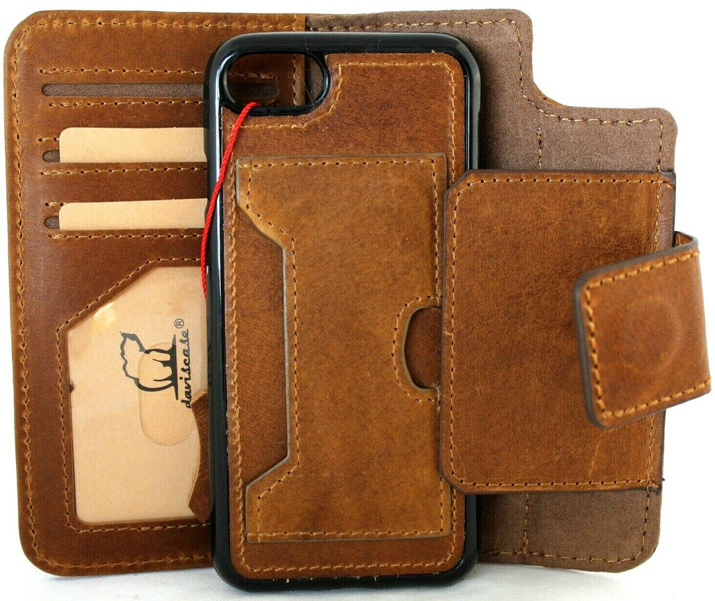 Genuine full tanned leather iPhone 8 case with wallet features, ID window, detachable cover, rubber holder strap, and wireless charging.