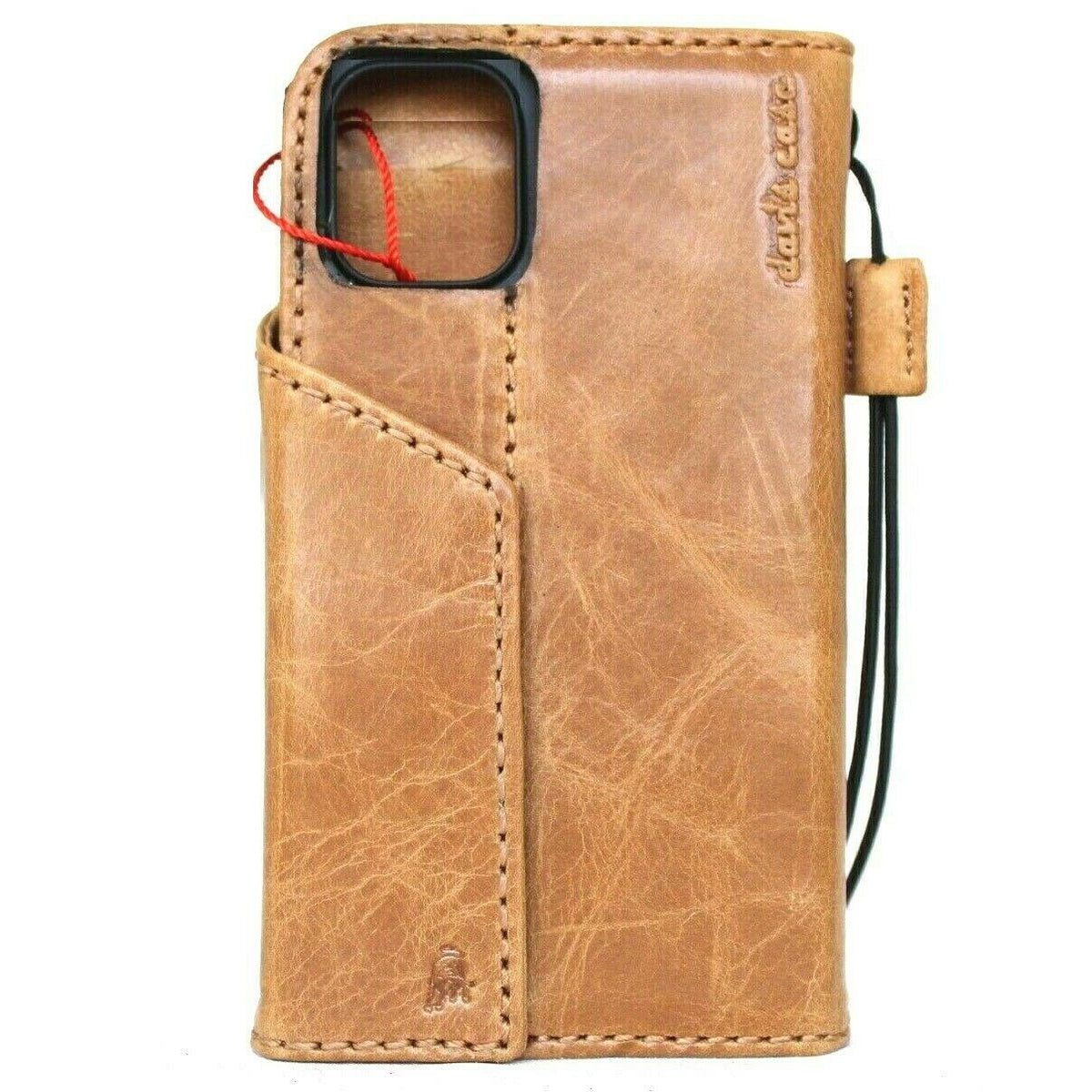 Vintage dark tan leather phone case for iPhone models, handmade by DAVISCASE with credit card slots and full grain leather.